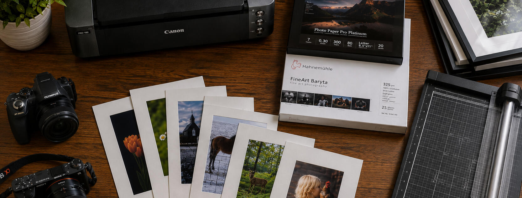 Photographic printing and framing workspace with a Canon printer, fine-art papers, cameras, photo prints, mats, frames, and a paper cutter arranged on a wooden desk.